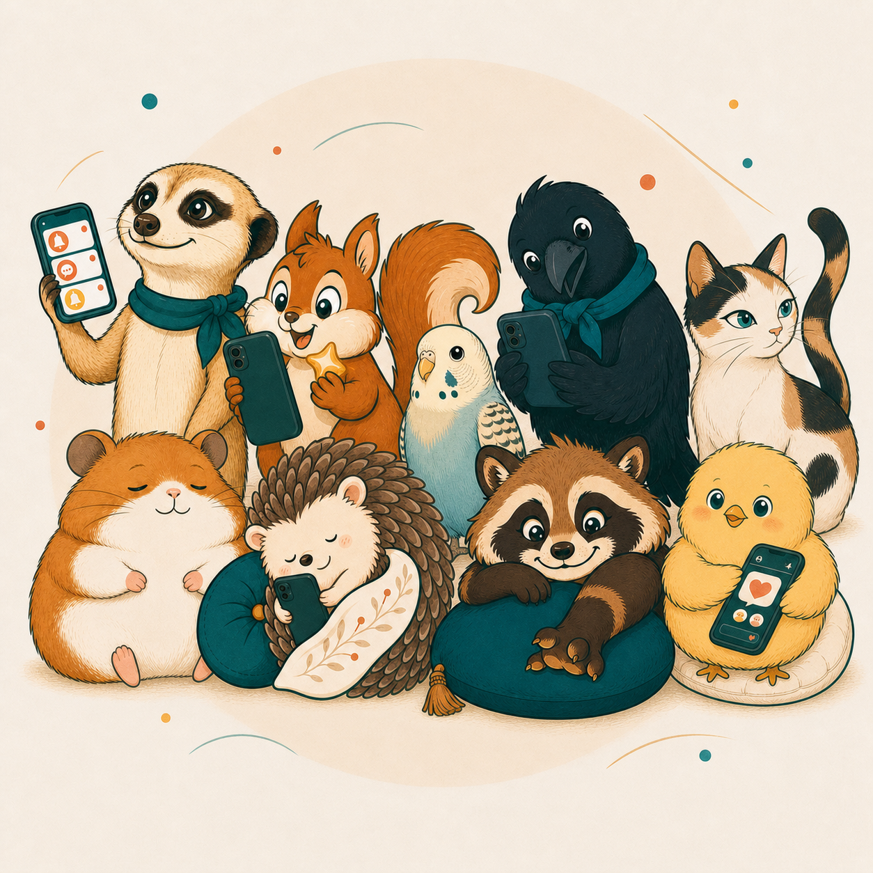 9種類のスマホ習慣タイプを表す動物キャラクターが集まったイラスト